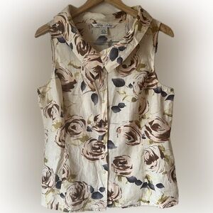 Nikki Valenti 100% Linen Sleeveless Shirt Rose Floral Print Back Details Size 16